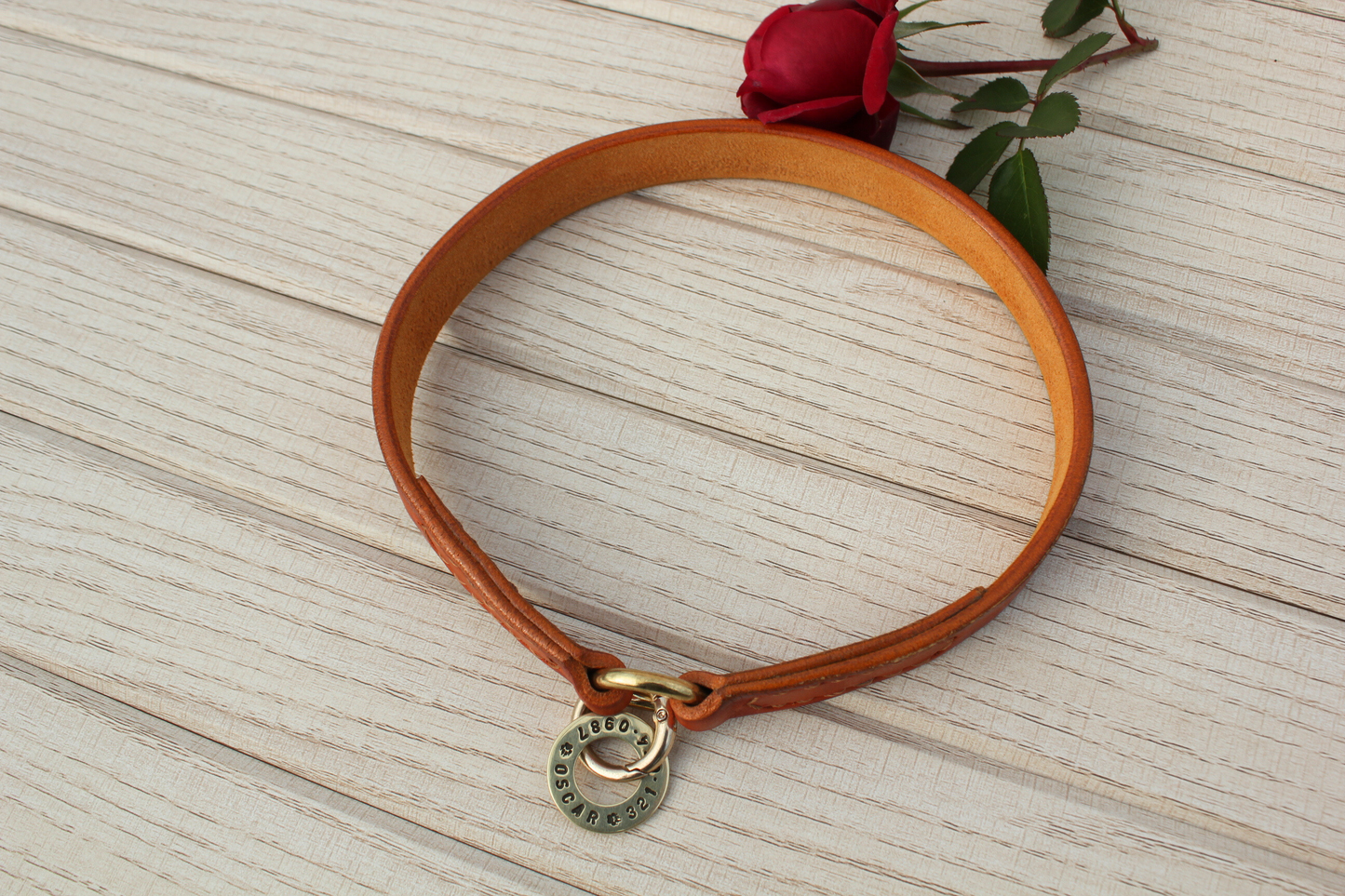 Personalized Leather House Dog Collar with Hand-Stamped Brass Tag
