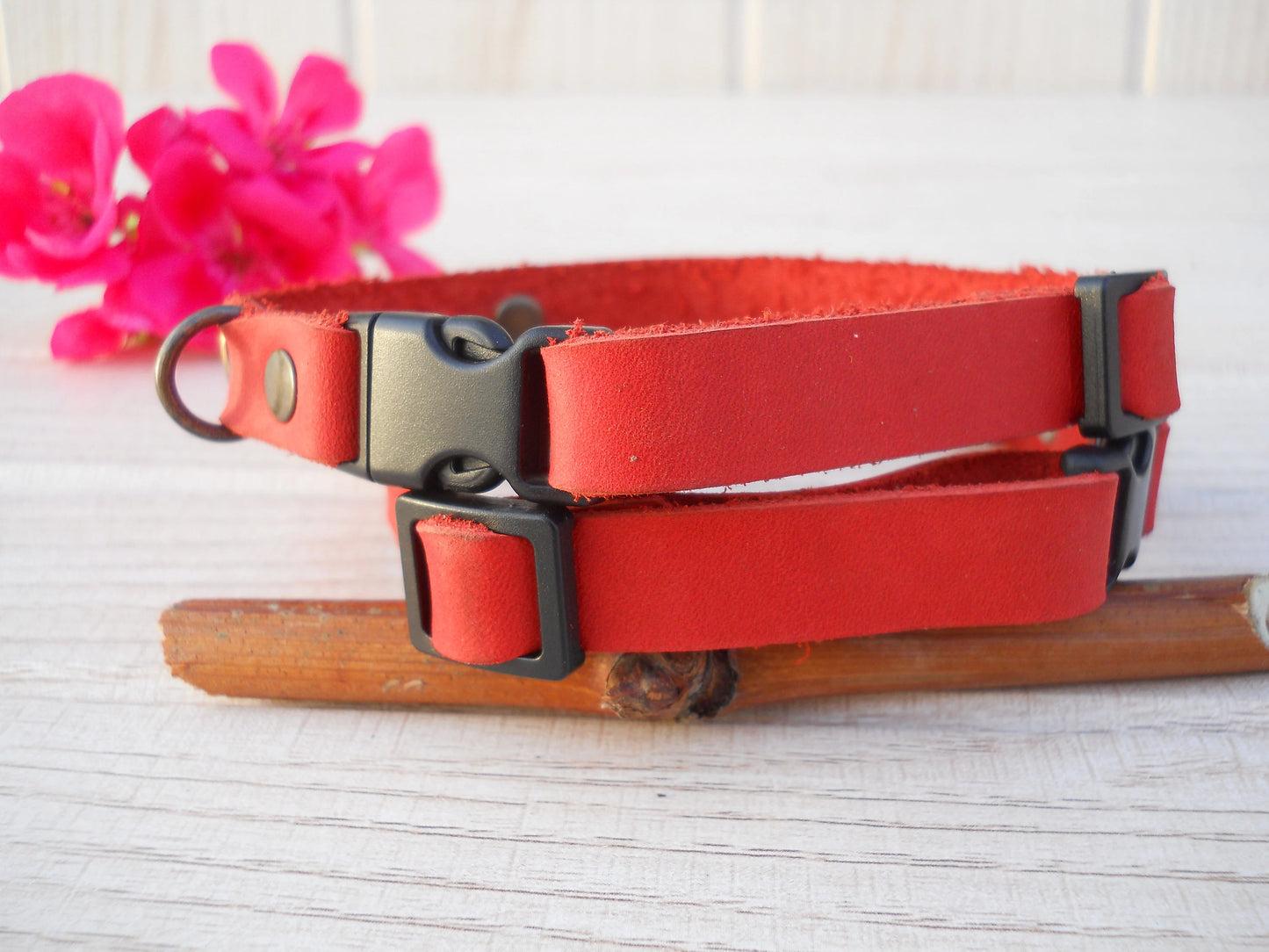 Red Breakaway Leather Cat Collar, Personalized ID Tag