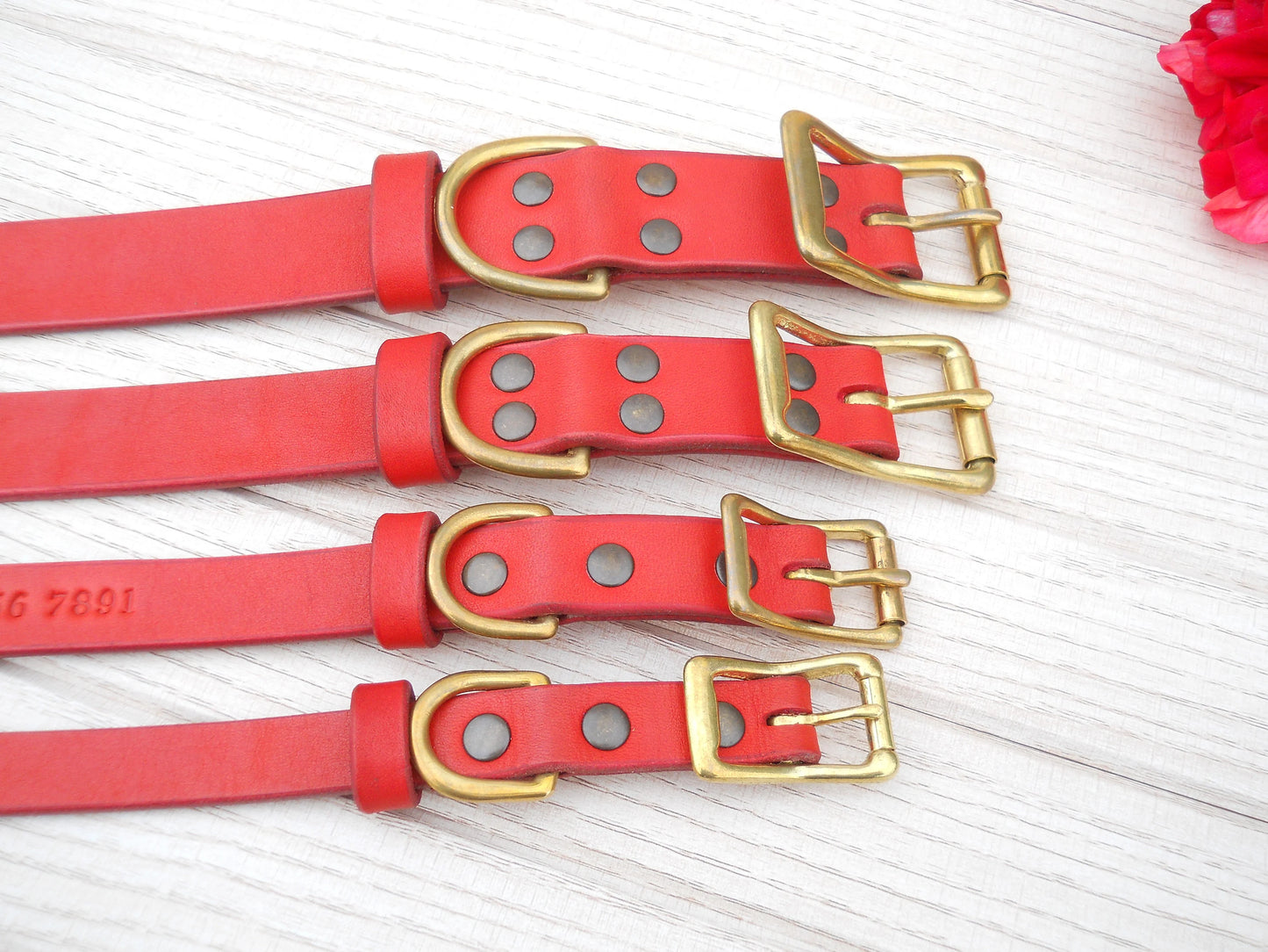 Personalized Leather Dog Collar, Red Engraved ID Tag