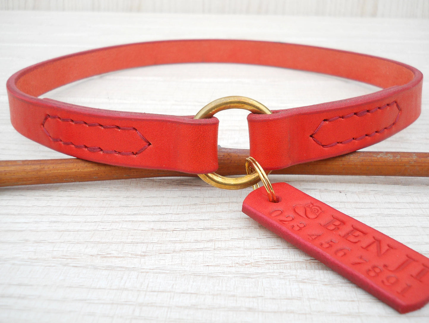 Red Leather House Collar – Personalized Dog Collar with ID Tag, Gift for Dogs