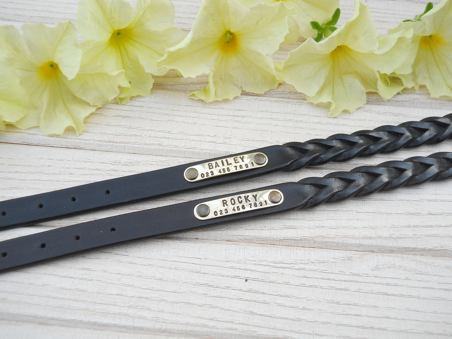 Strong Narrow Plaited Leather Dog Collar, Personalized ID Tag