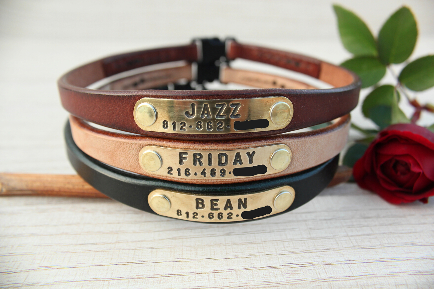 House Leather Dog Collar, Quick-Release Buckle, Personalized ID Tag