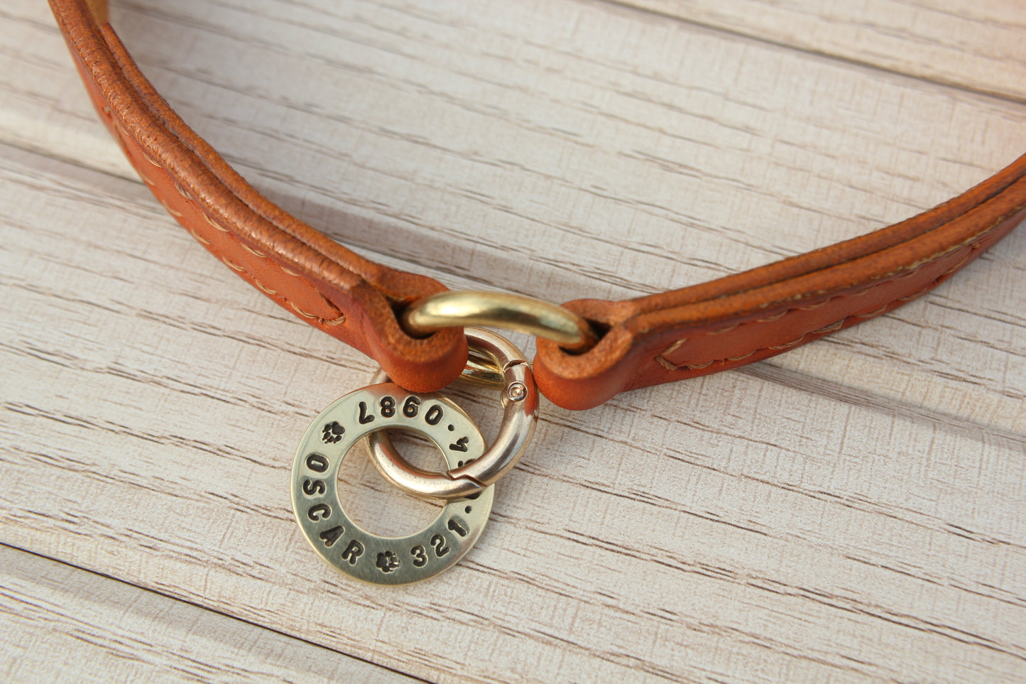 Personalized  Leather House Dog Collar with Hand-Stamped Brass Tag