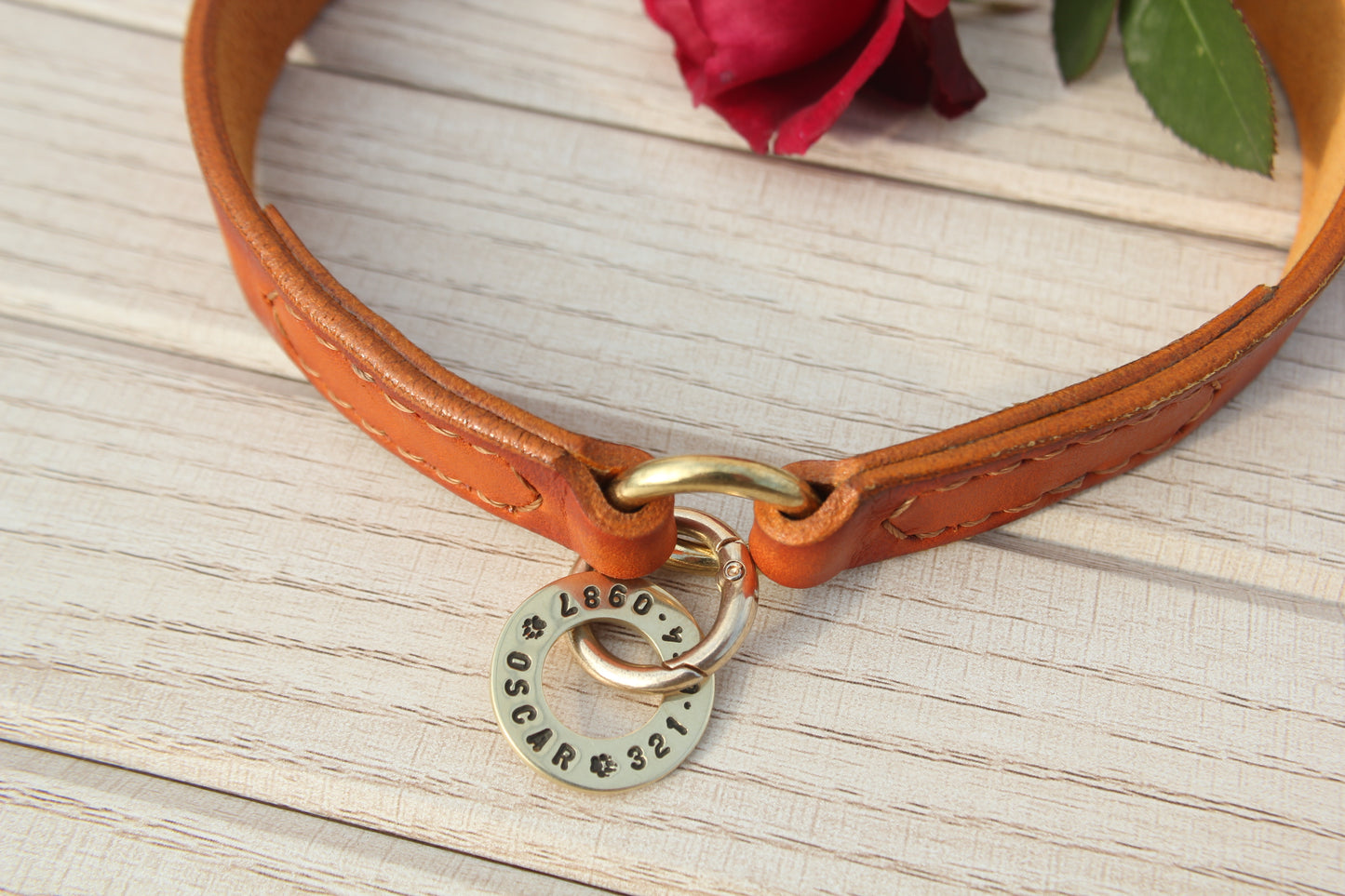 Personalized  Leather House Dog Collar with Hand-Stamped Brass Tag