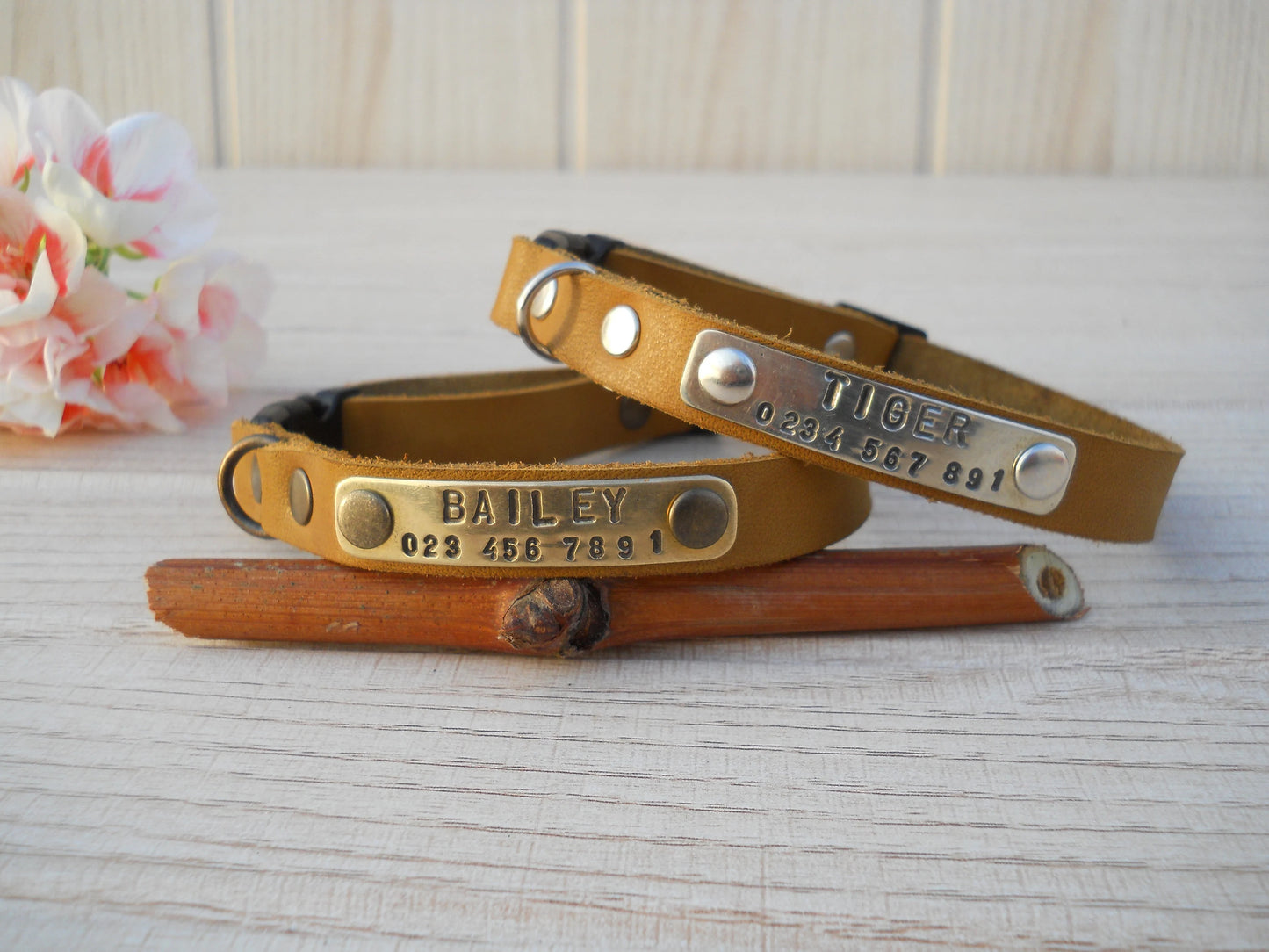 Breakaway Leather Cat Collar, Personalized ID Tag