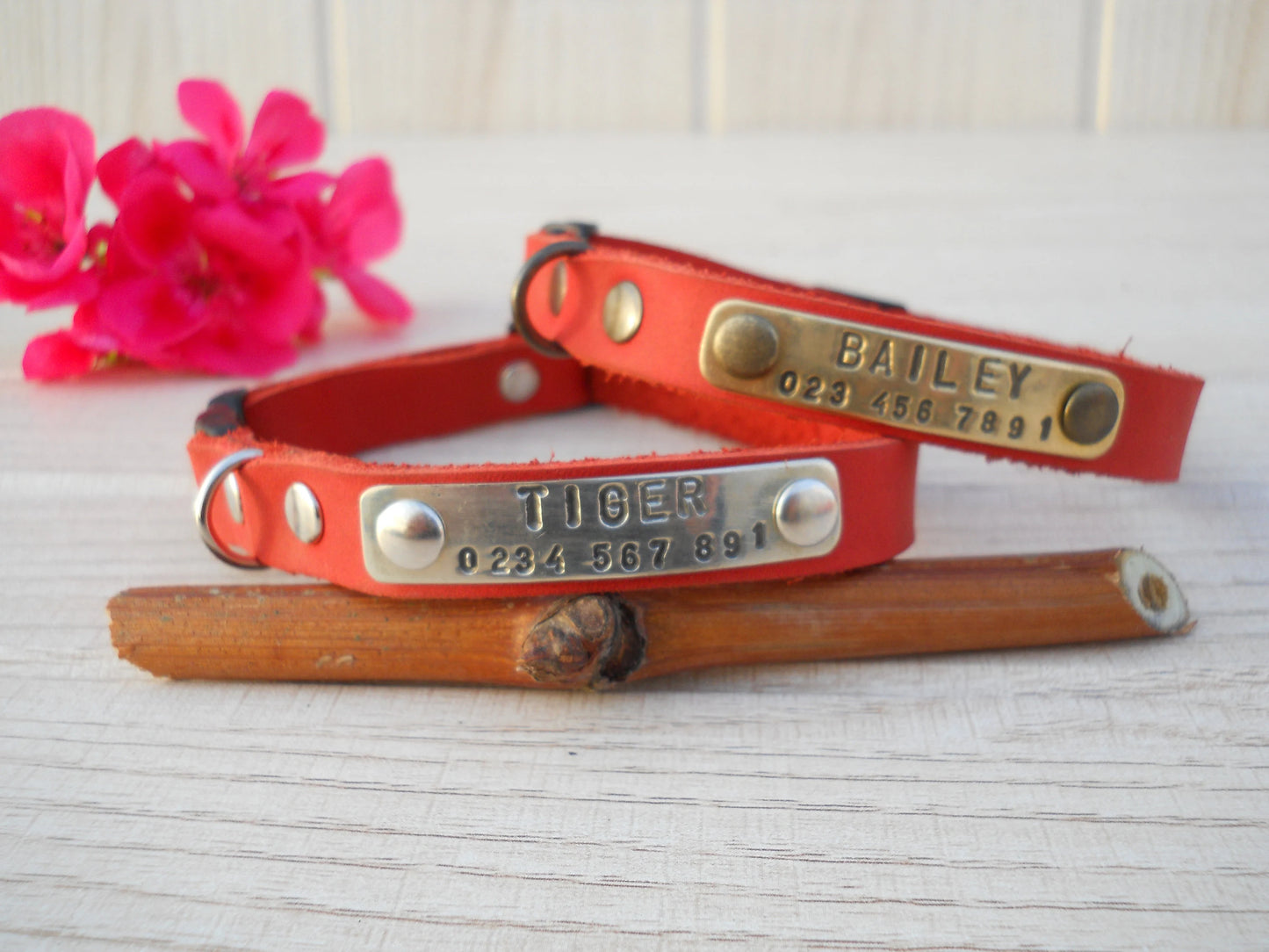 Red Breakaway Leather Cat Collar, Personalized ID Tag