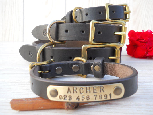 Dark Brown Leather Dog Collar with Personalized ID Tag