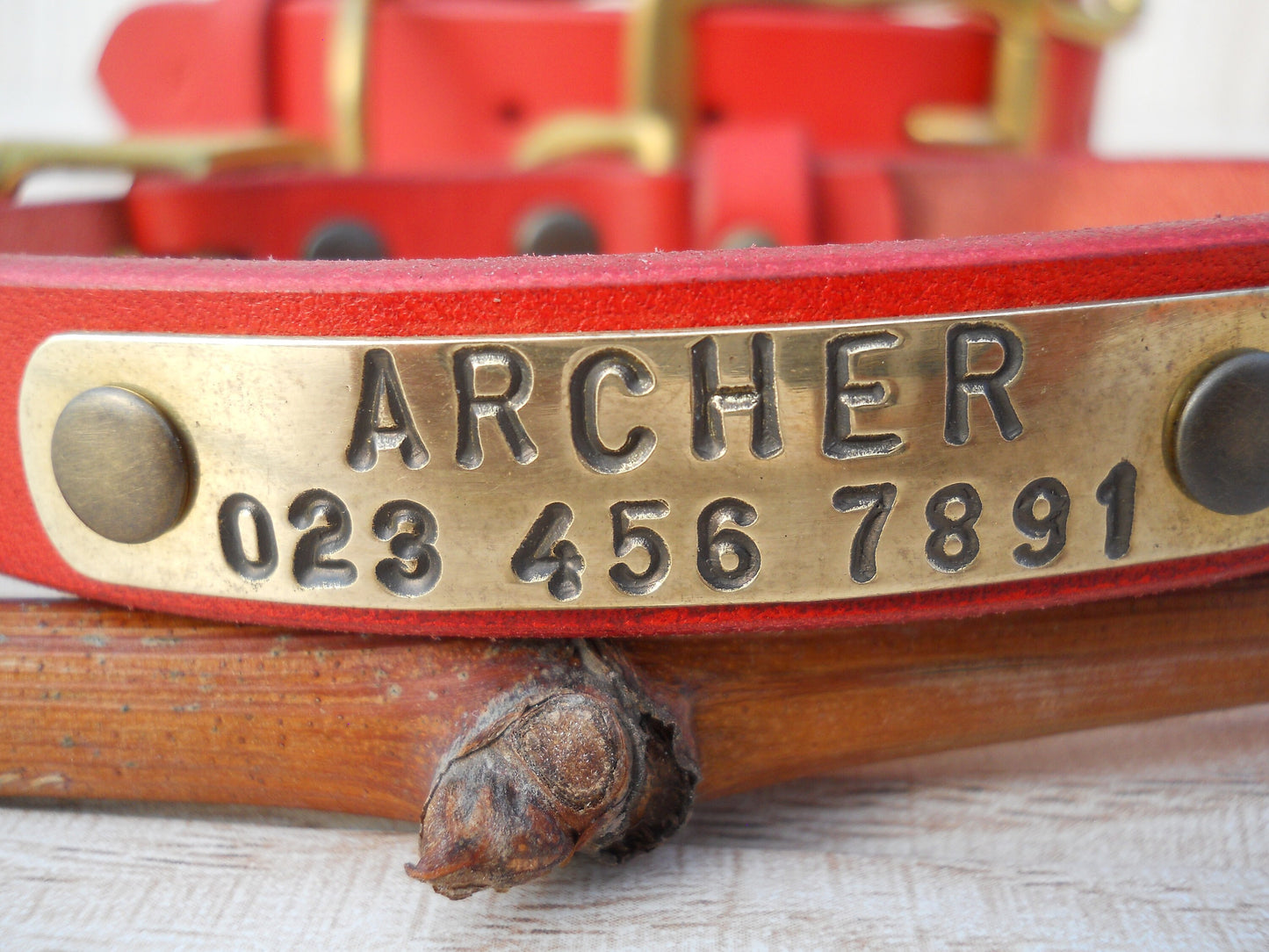 Handmade Red Leather Dog Collar, Personalized ID Tag