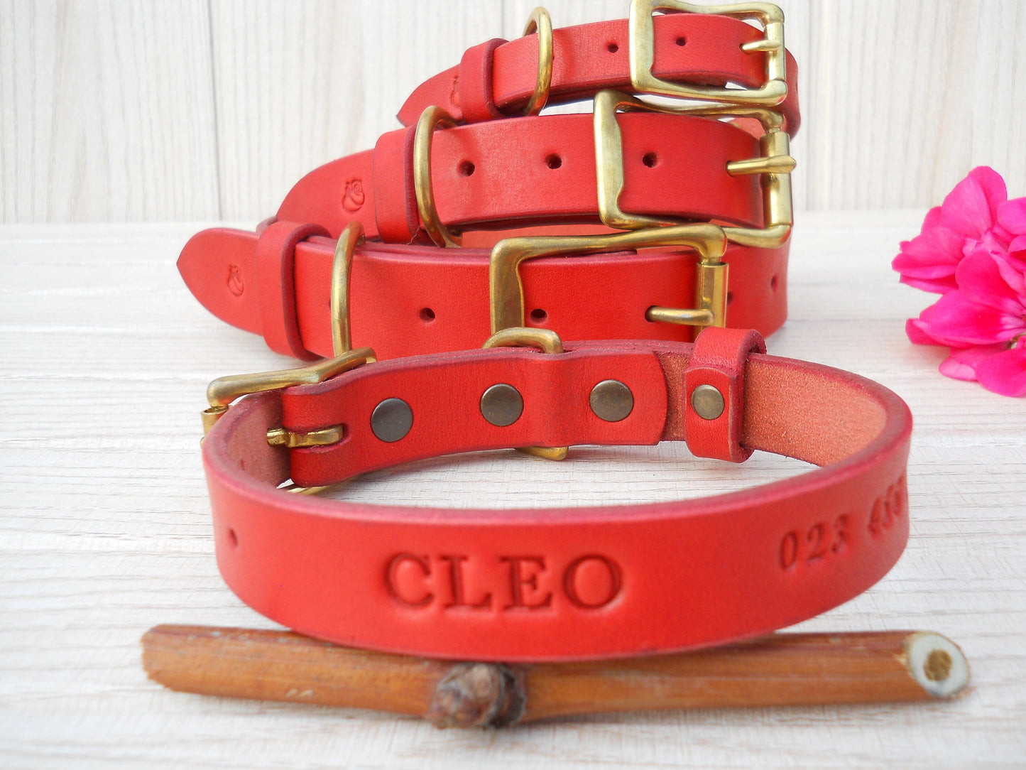 Personalized Leather Dog Collar, Red Engraved ID Tag