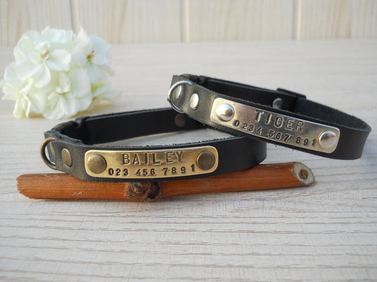 Black Breakaway Leather Cat Collar, Personalized ID Tag