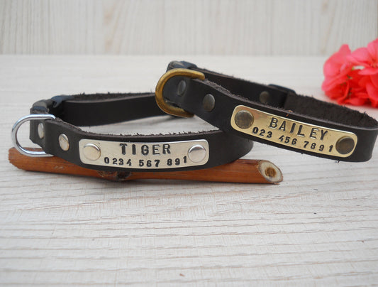 Small Dark Brown  Leather Dog Collar – Soft Personalized Puppy Collar with Name & ID Tag