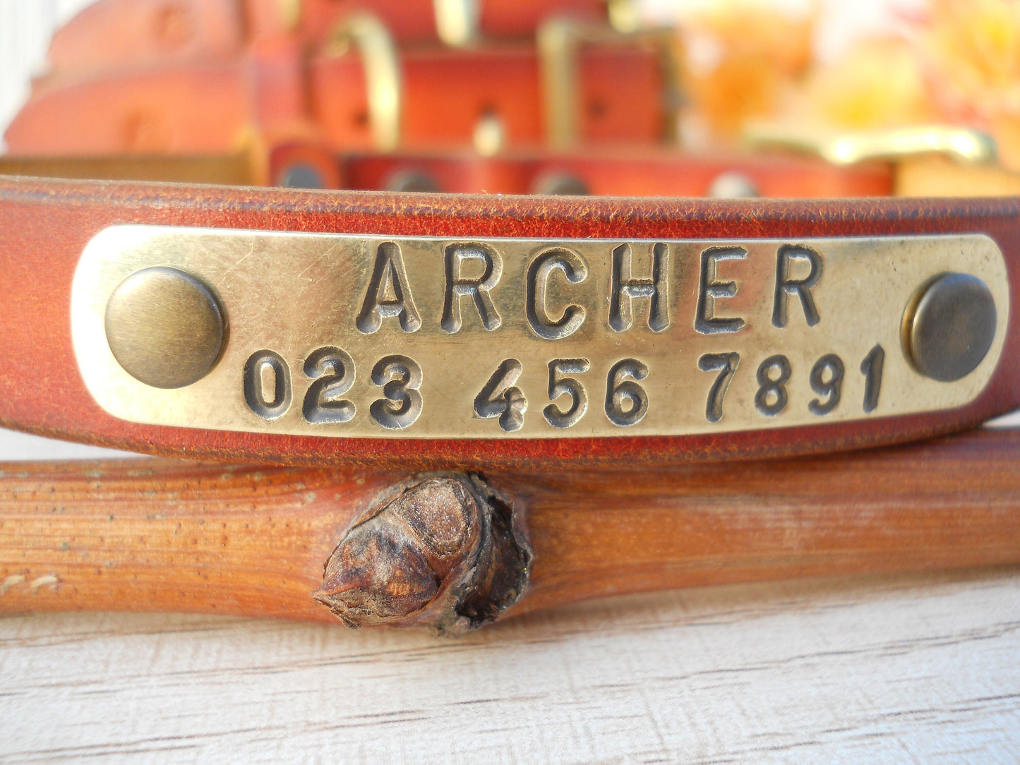 Pumpkin Leather Dog Collar with Personalized ID Tag