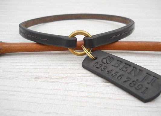 Dark Brown Leather House Collar – Personalized Dog Collar with ID Tag, Gift for Dogs