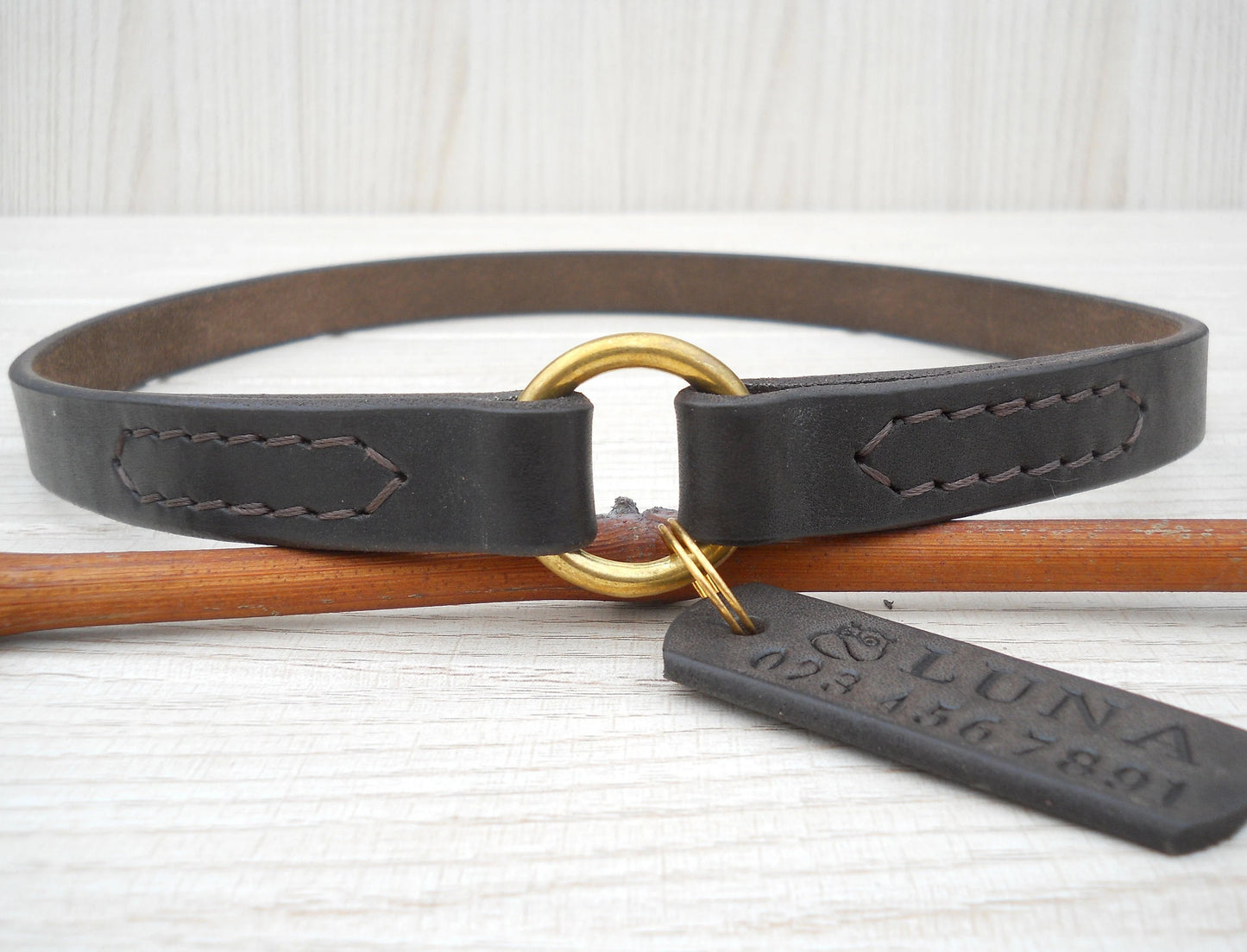 Dark Brown Leather House Collar – Personalized Dog Collar with ID Tag, Gift for Dogs