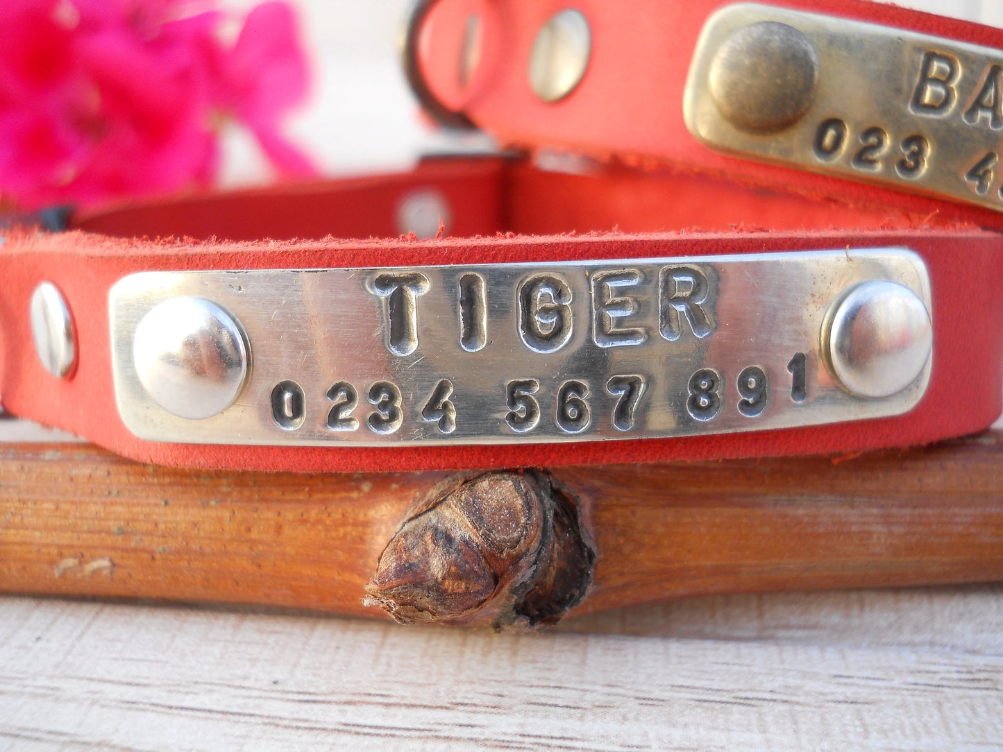 Red Breakaway Leather Cat Collar, Personalized ID Tag