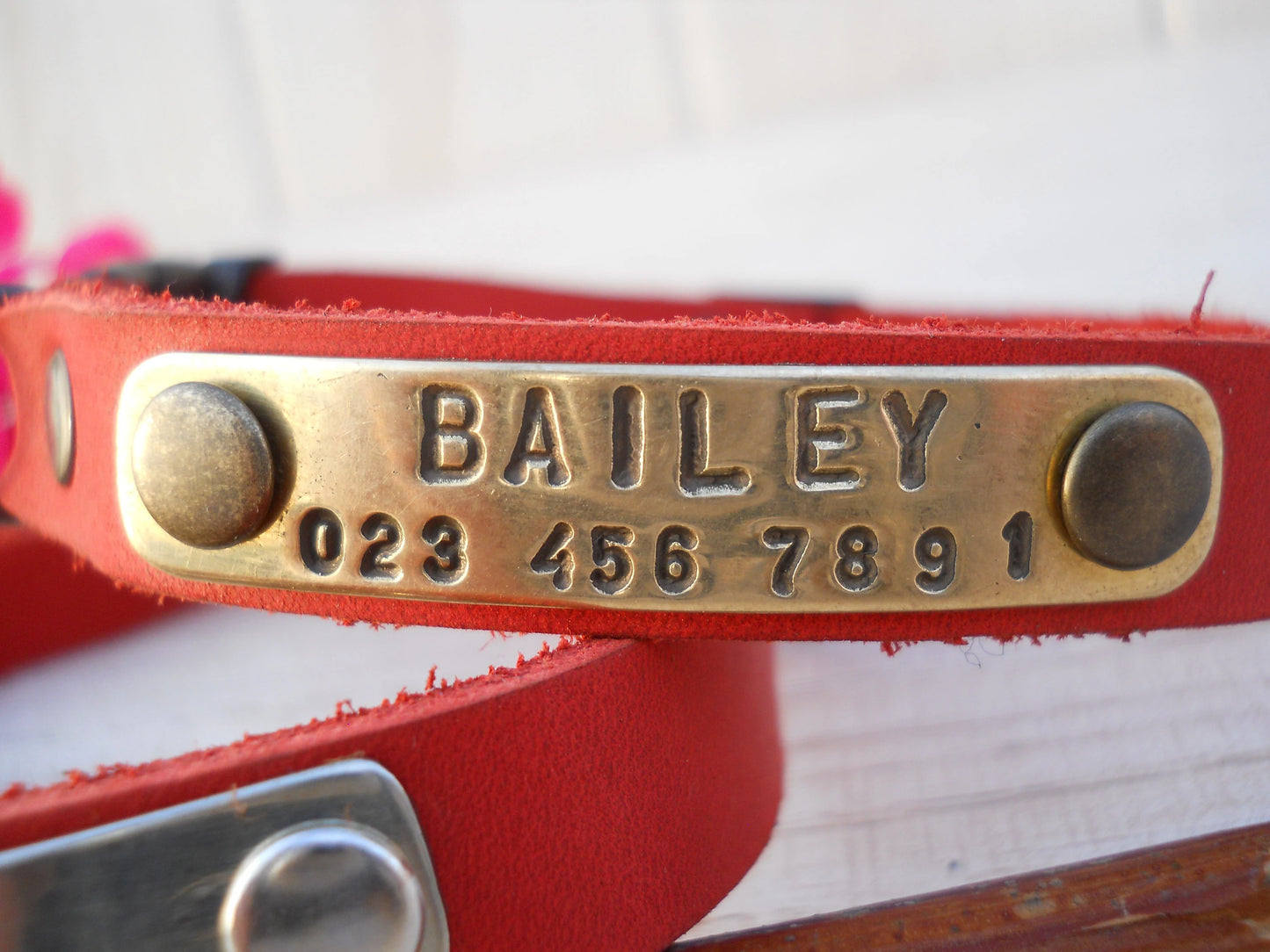 Red Breakaway Leather Cat Collar, Personalized ID Tag