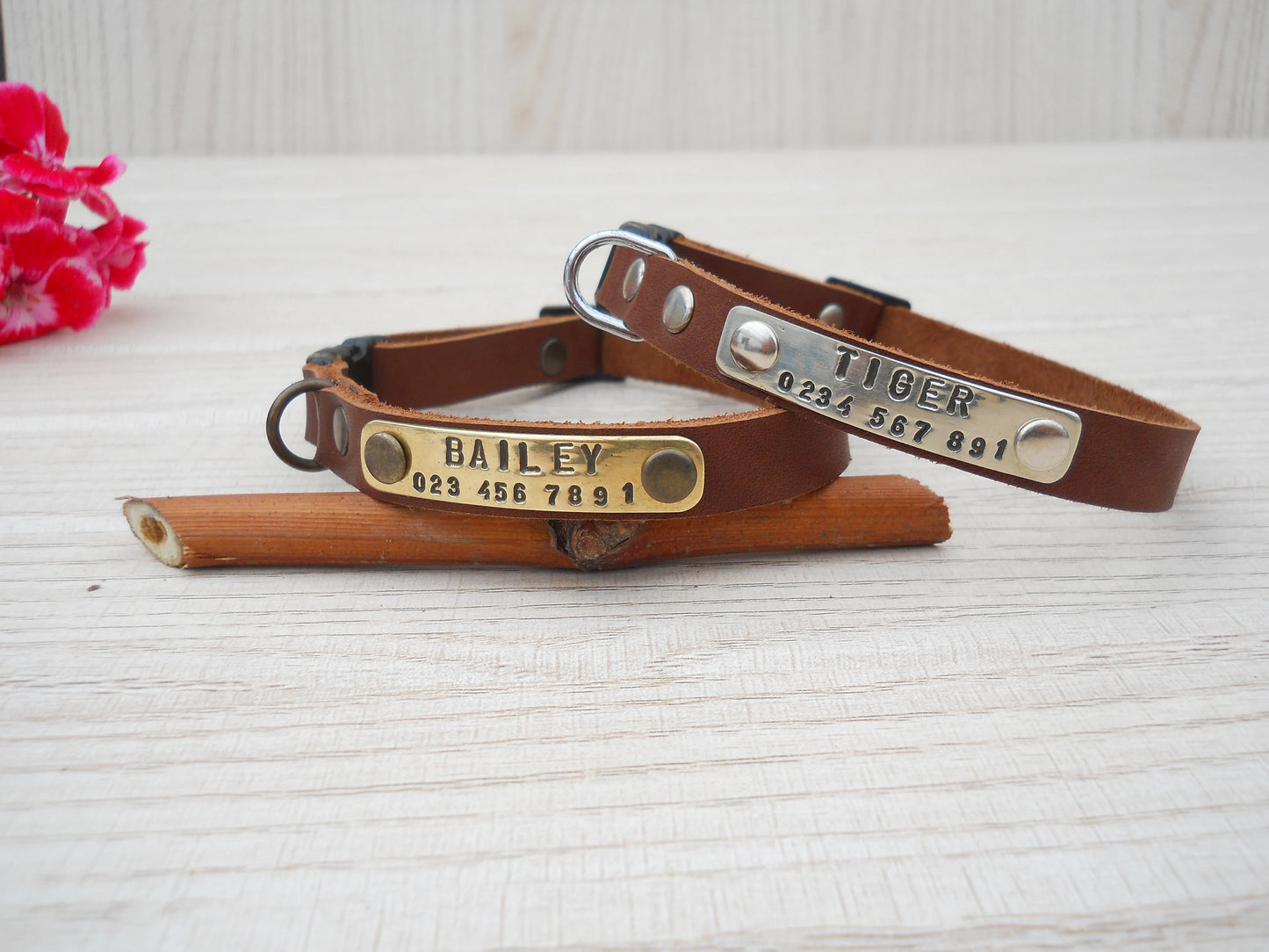 Small Leather Dog Collar – Soft Personalized Puppy Collar with Name & ID Tag, Brown