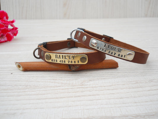 Small Leather Dog Collar – Soft Personalized Puppy Collar with Name & ID Tag, Brown