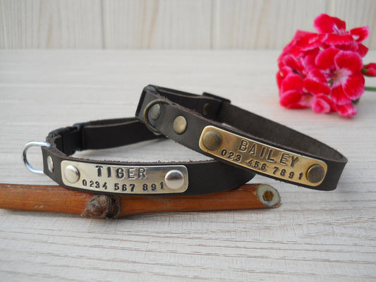 Dark Brown Leather Dog Collar – Soft Small Puppy Collar with Personalized ID Tag