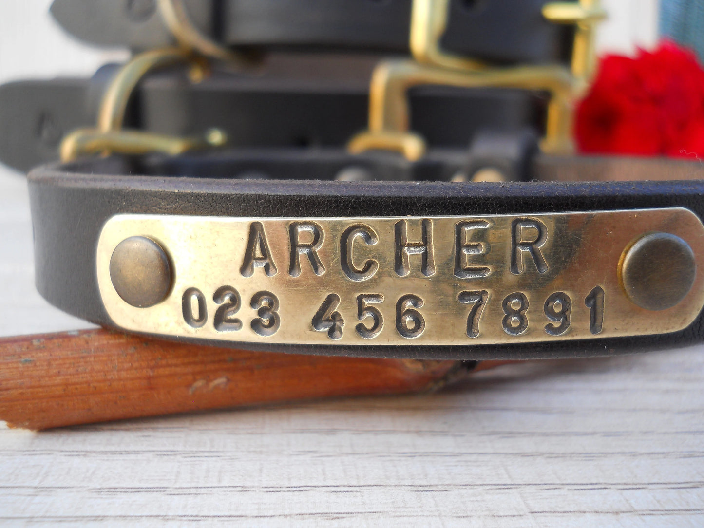 Dark Brown Leather Dog Collar with Personalized ID Tag
