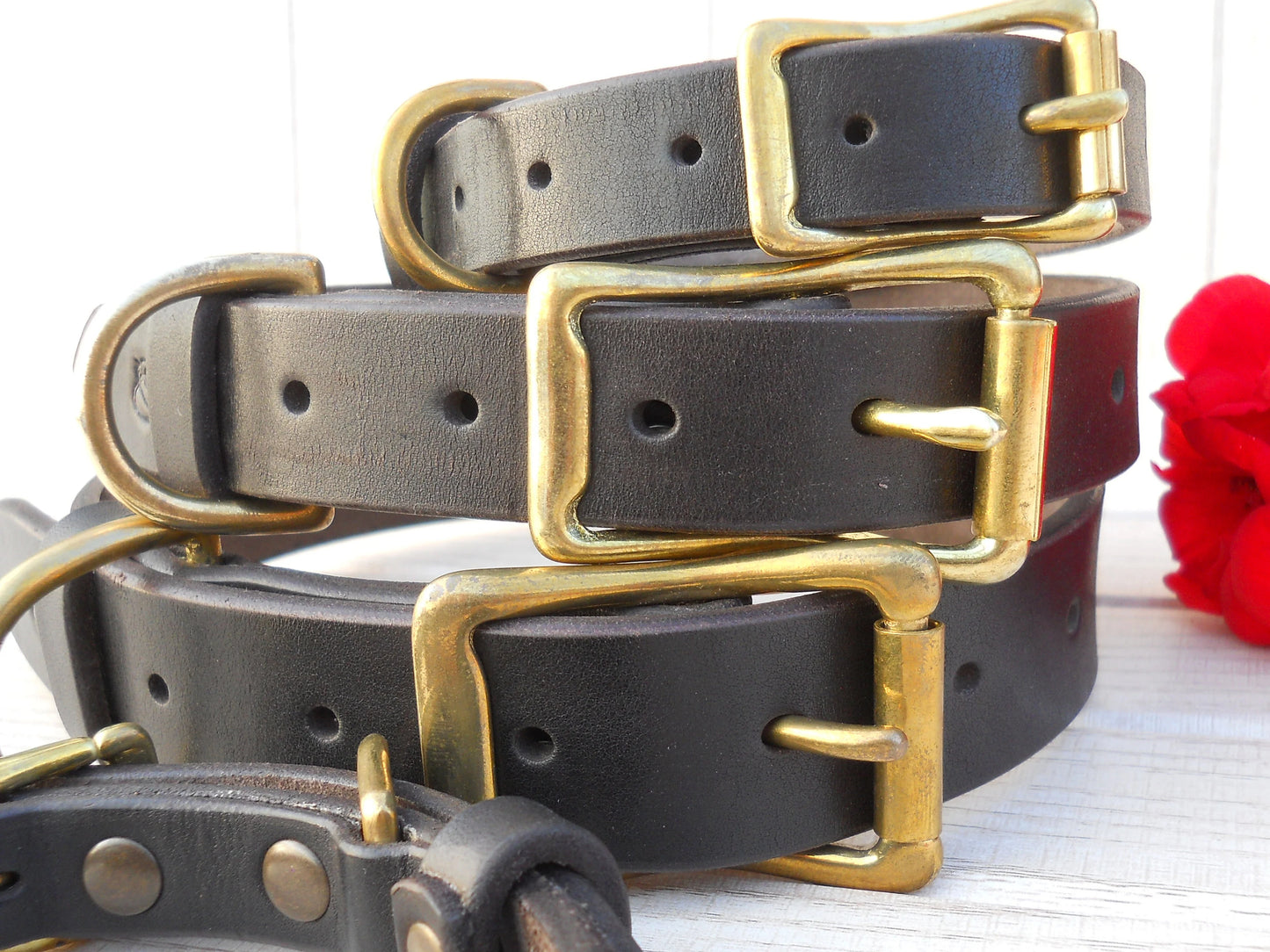 Dark Brown Leather Dog Collar with Personalized ID Tag