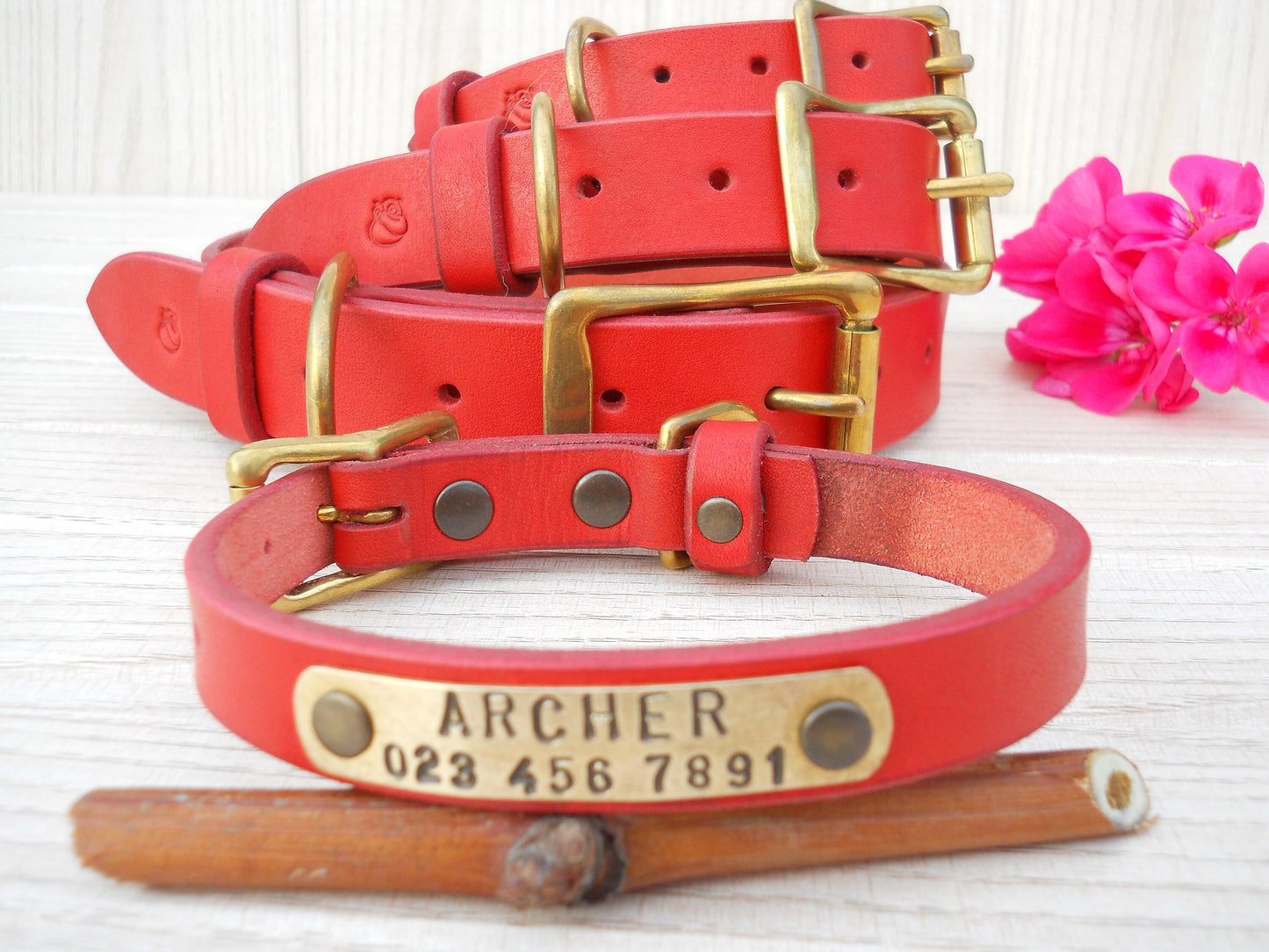 Handmade Red Leather Dog Collar, Personalized ID Tag