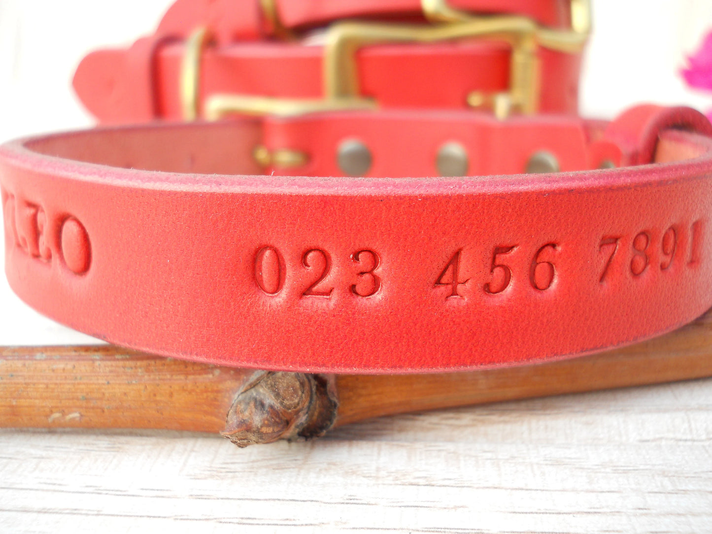 Personalized Leather Dog Collar, Red Engraved ID Tag