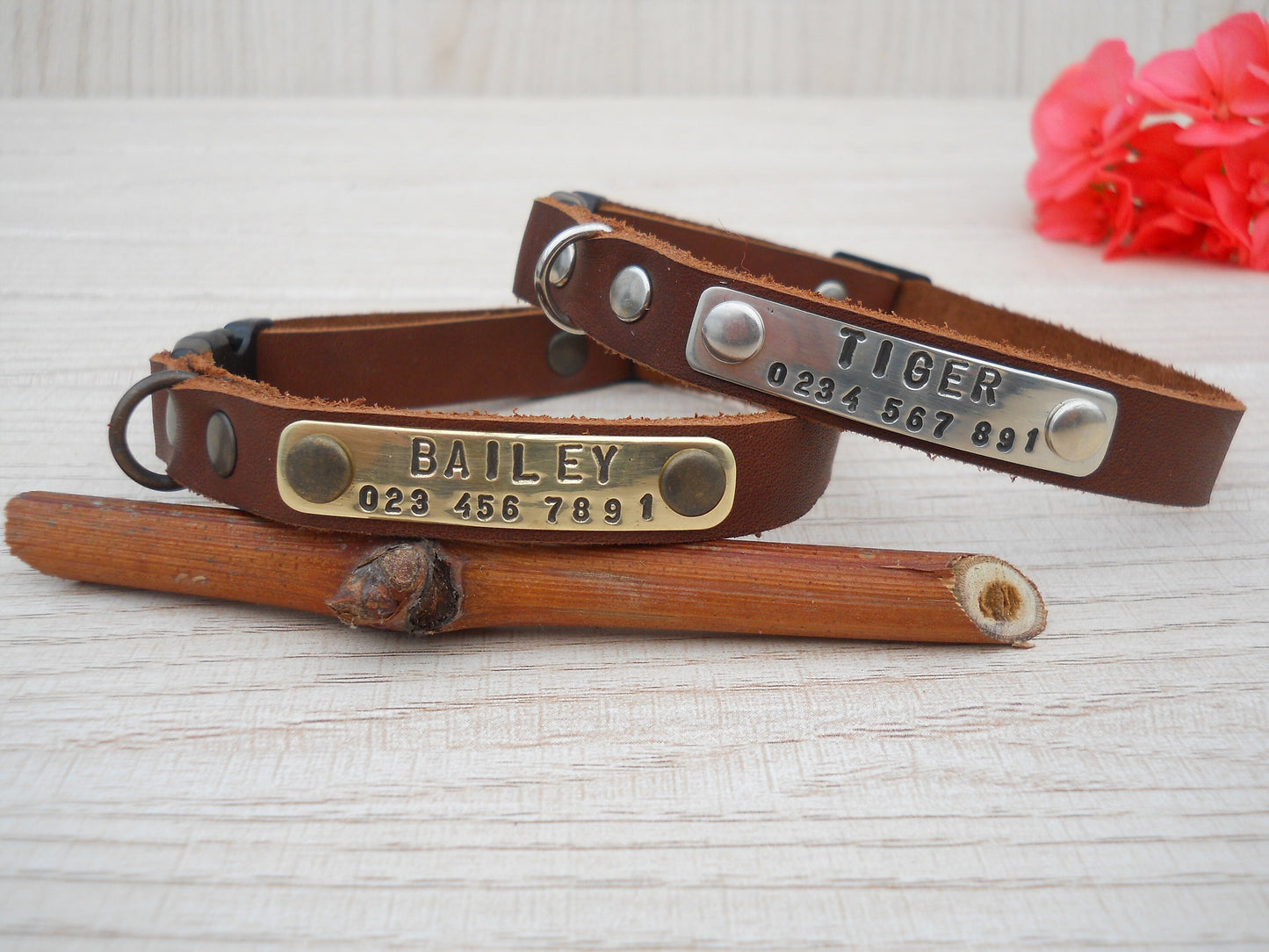 Brown Leather Cat Collar, Breakaway Personalized ID Tag Collar