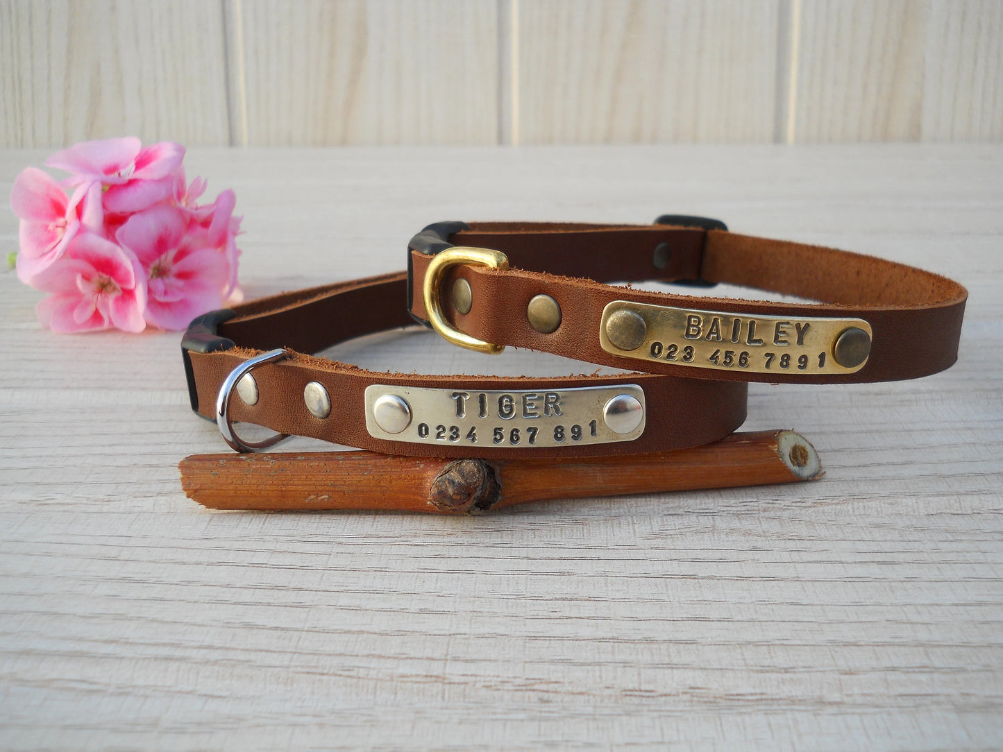 Personalized Leather Dog Collar – Soft Brown Collar for Small Dogs & Puppies with ID Tag