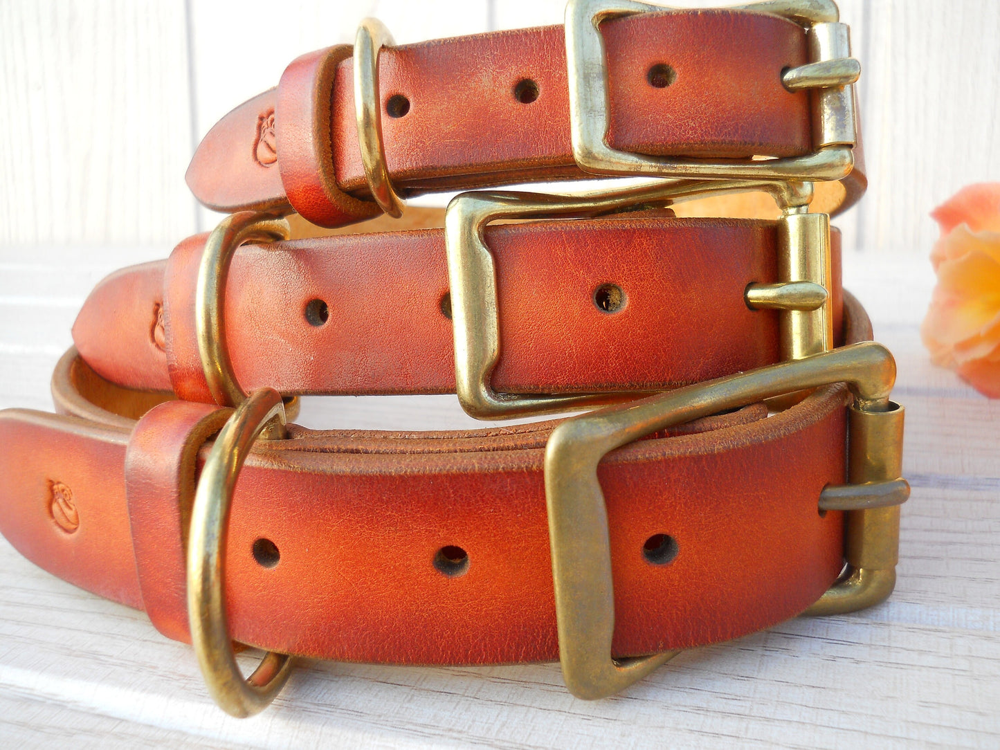 Pumpkin Leather Dog Collar with Personalized ID Tag
