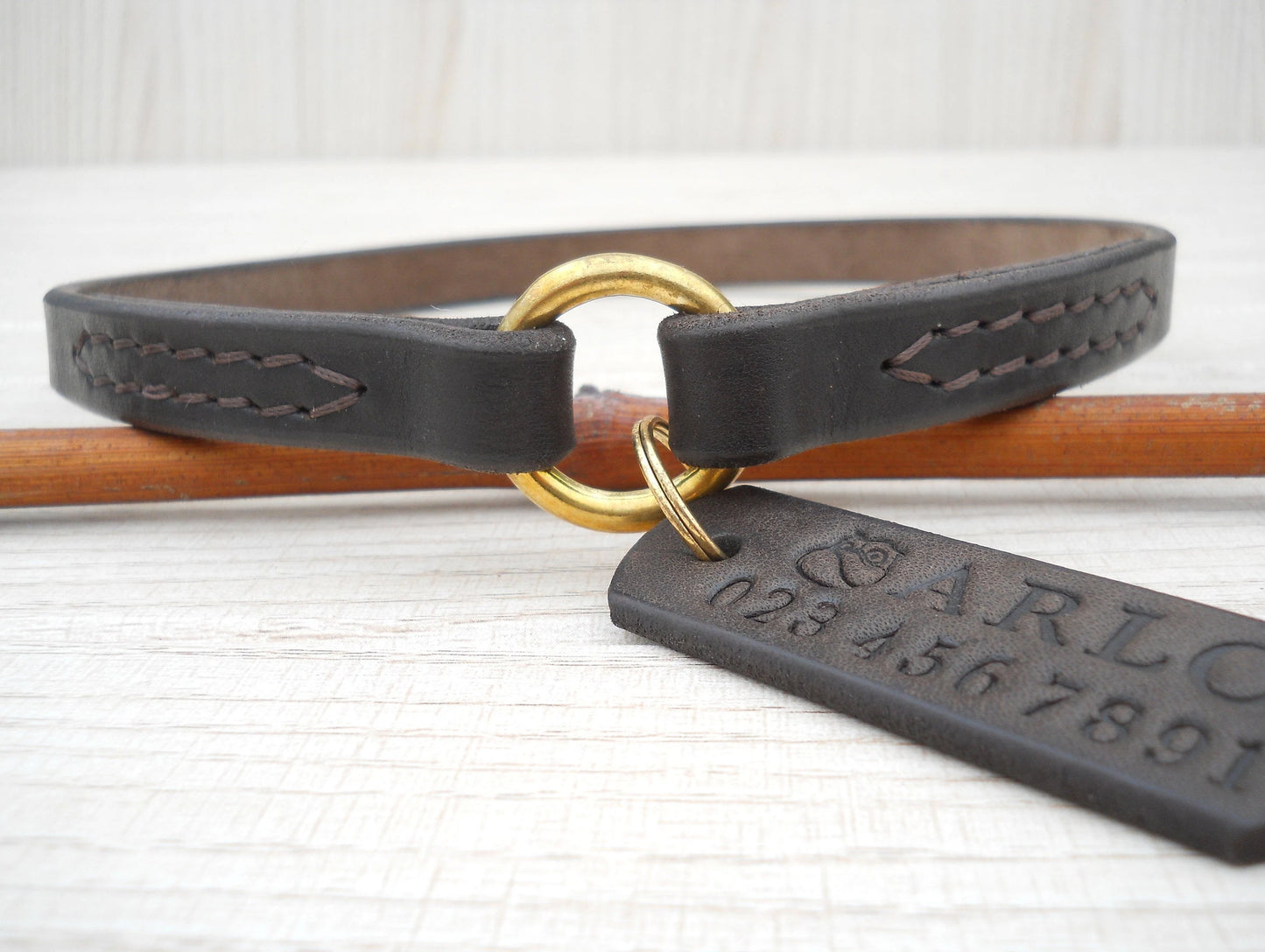 Dark Brown Leather House Collar – Personalized Dog Collar with ID Tag, Gift for Dogs