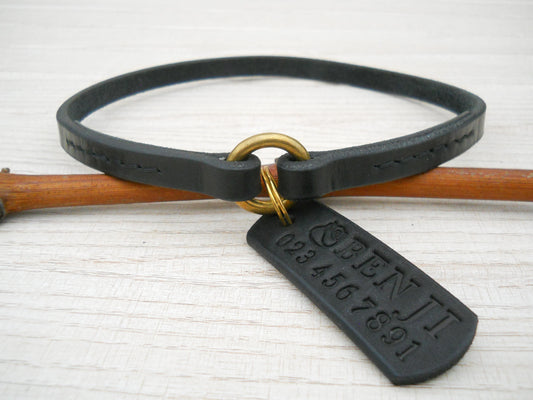 Black Leather Dog Collar with ID Tag – Personalized House Collar, Dog Gift