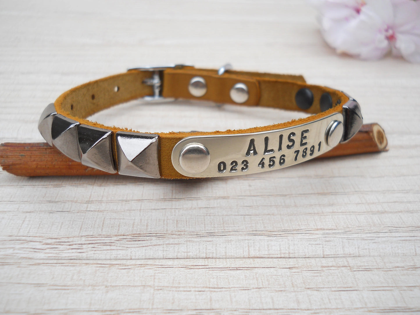 Leather Dog Collar with Pyramid Rivets – Personalized Tiny Dog Collar for Chihuahua or Yorkie