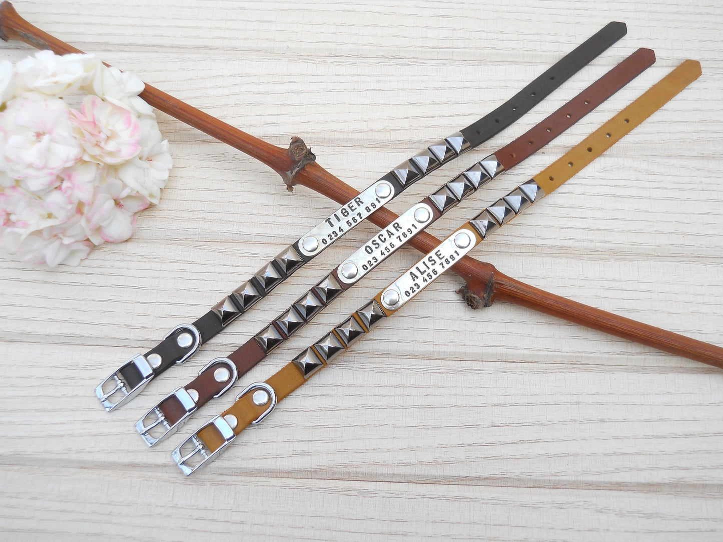 Leather Dog Collar with Pyramid Rivets – Personalized Tiny Dog Collar for Chihuahua or Yorkie