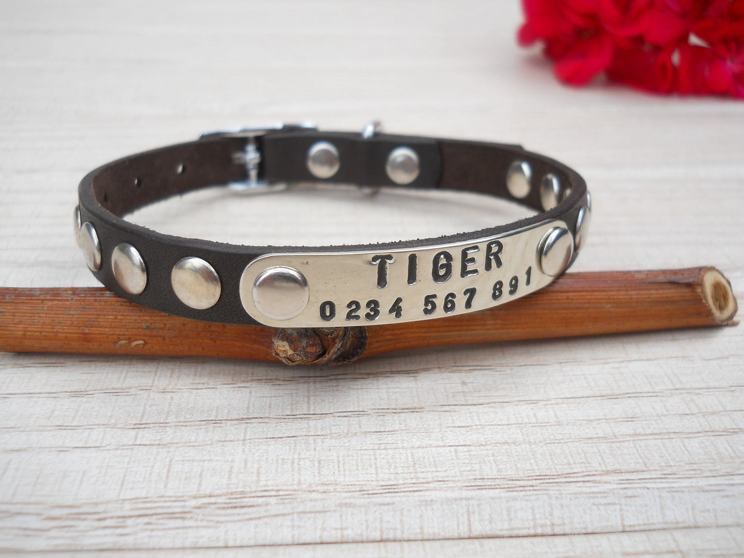 Soft Leather Dog Collar with Decorative Rivets – Custom Tiny Pet Collar for Chihuahua or Yorkie