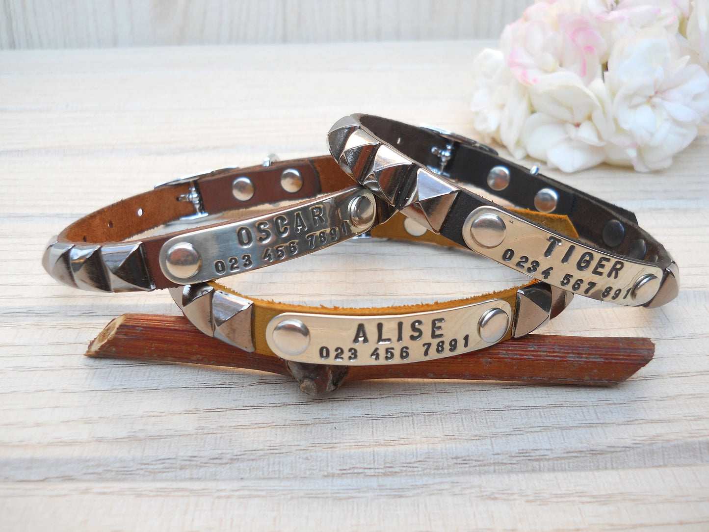 Leather Dog Collar with Pyramid Rivets – Personalized Tiny Dog Collar for Chihuahua or Yorkie