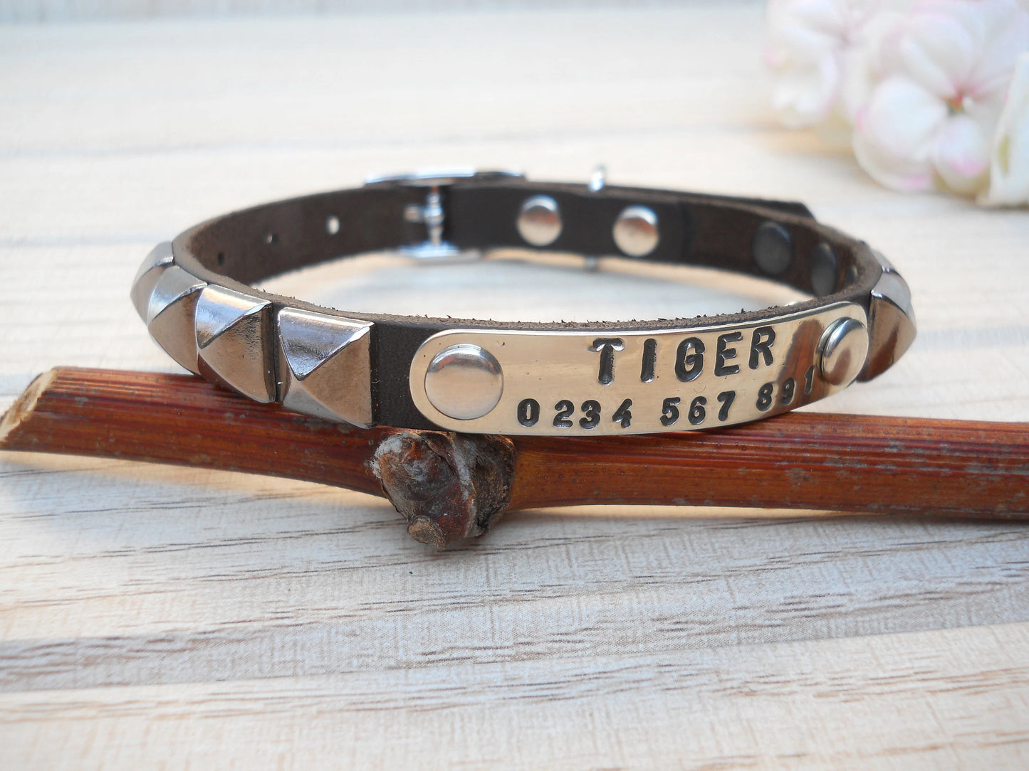 Leather Dog Collar with Pyramid Rivets – Personalized Tiny Dog Collar for Chihuahua or Yorkie