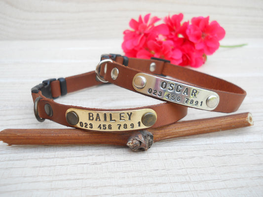 Handmade Brown Leather Cat Collar, Personalized Gift