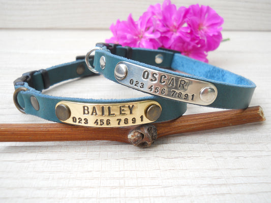 Petrol Color Leather Cat Collar