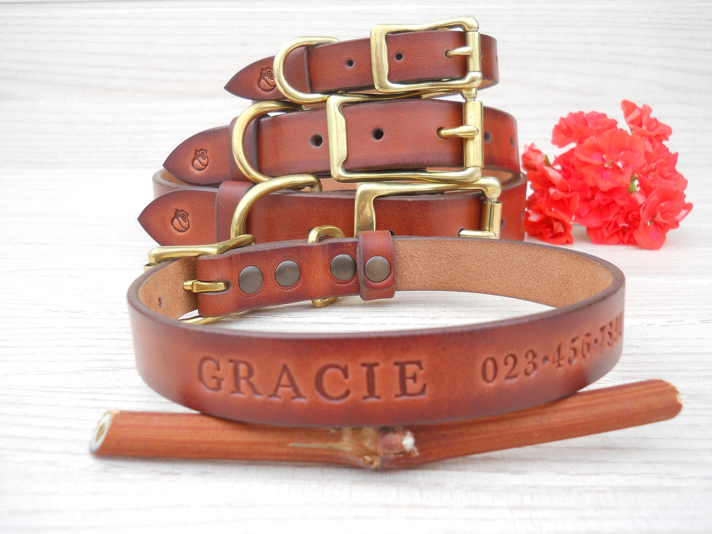 Handmade Brown Leather Dog Collar, Engraved ID Tag, Vintage Look