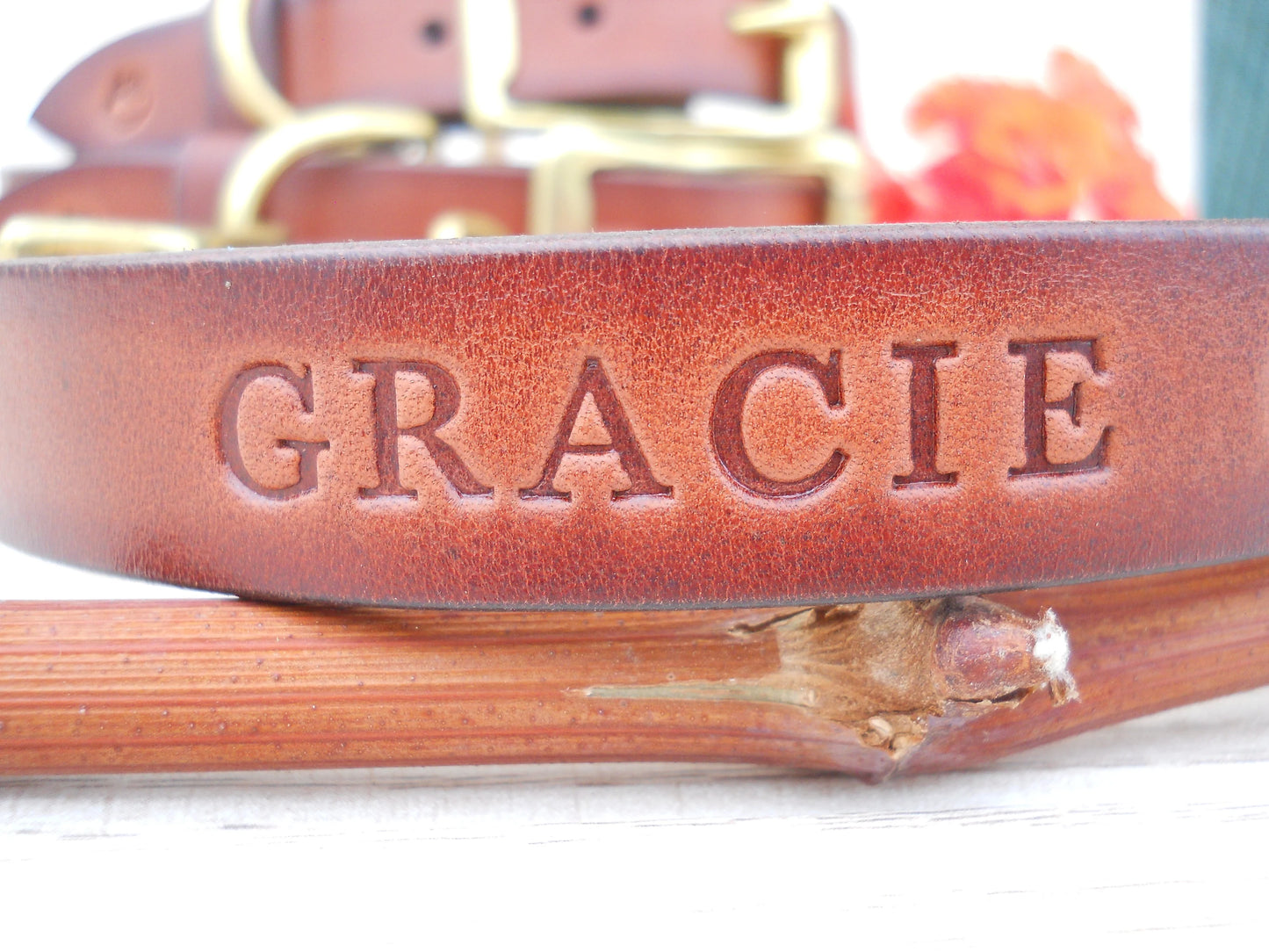 Handmade Brown Leather Dog Collar, Engraved ID Tag, Vintage Look