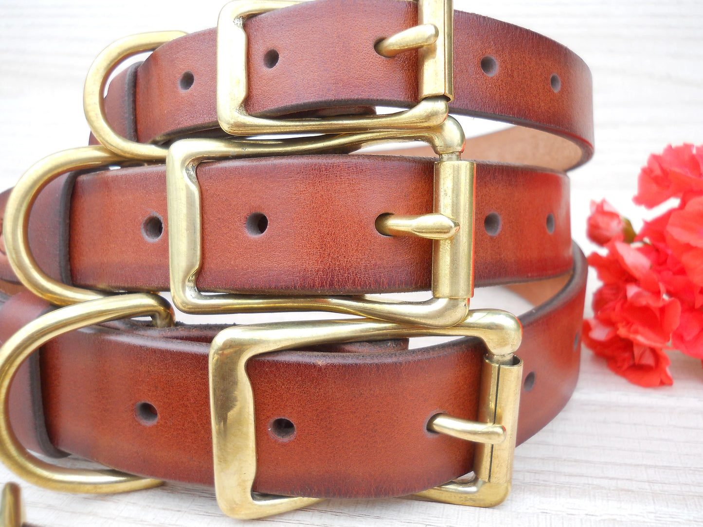 Handmade Brown Leather Dog Collar, Engraved ID Tag, Vintage Look