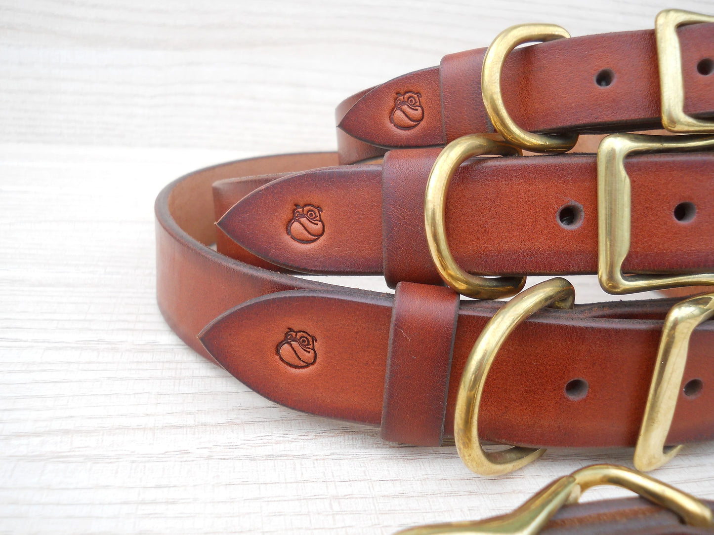 Handmade Brown Leather Dog Collar, Engraved ID Tag, Vintage Look