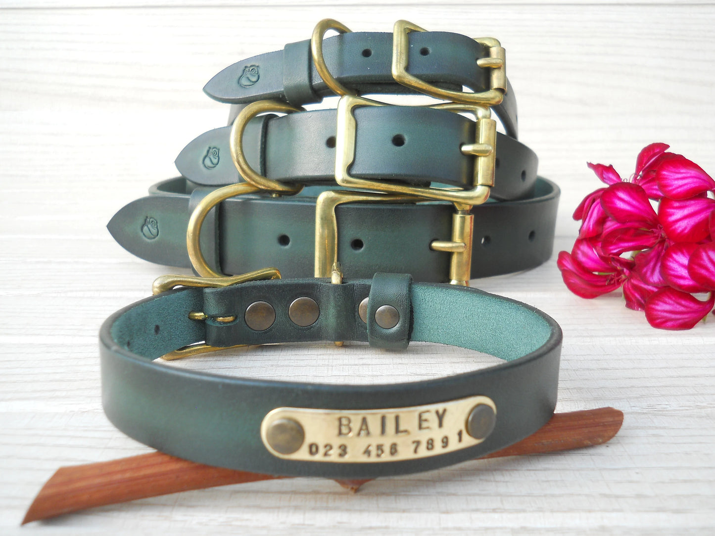 Vintage Leather Dog Collar, Handmade Dark Green