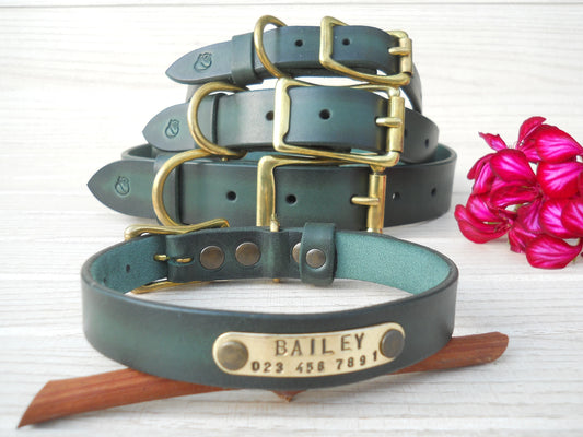 Vintage Leather Dog Collar, Handmade Dark Green