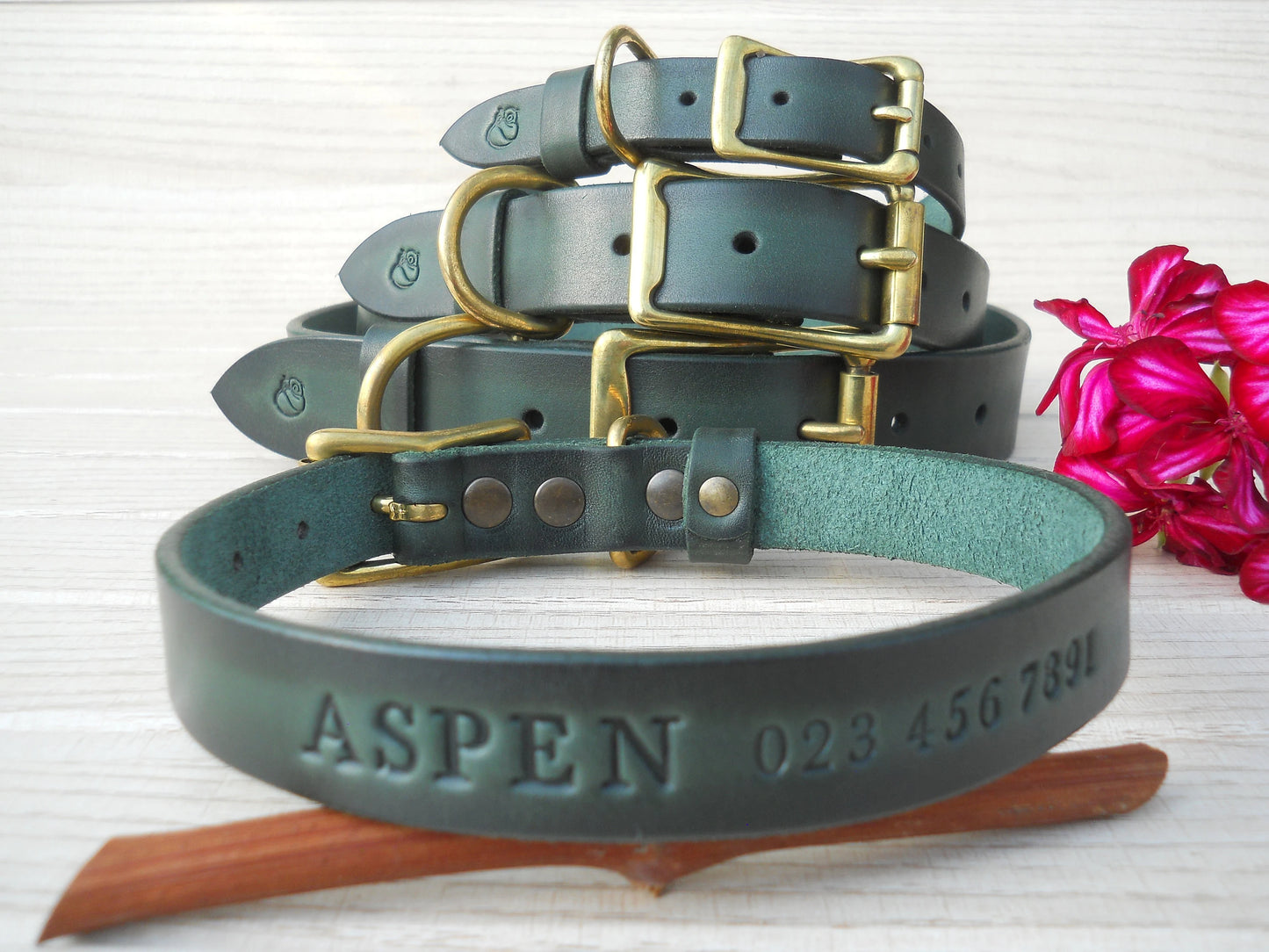 Personalized Leather Dog Collar, Vintage Dark Green