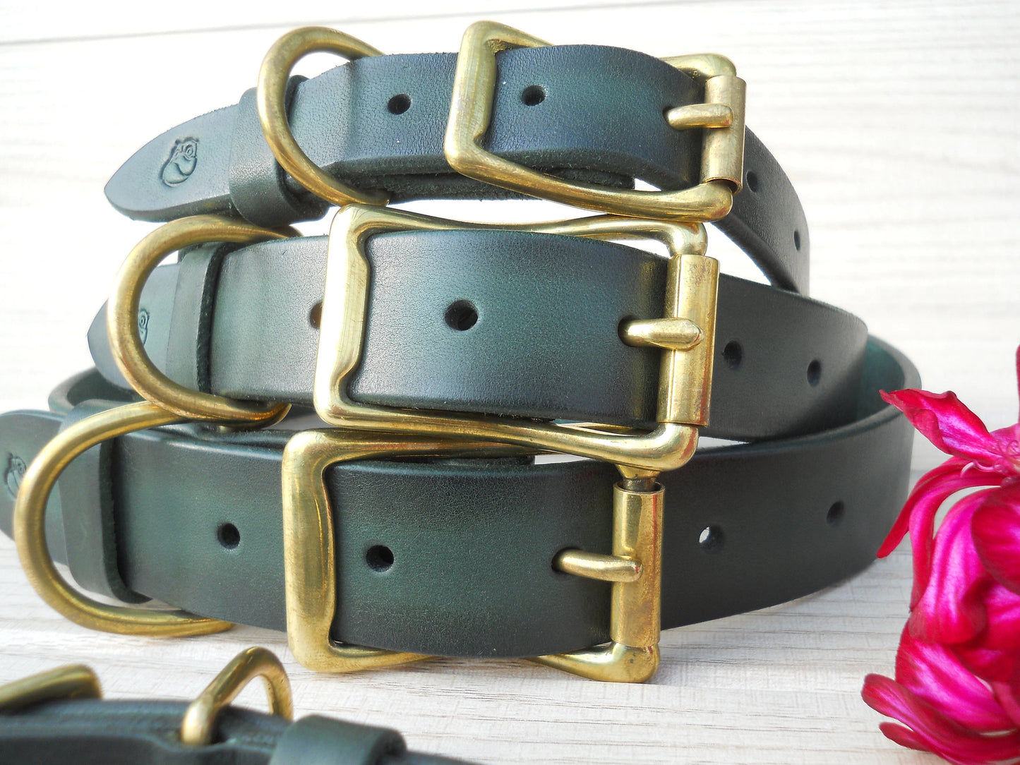 Vintage Leather Dog Collar, Handmade Dark Green
