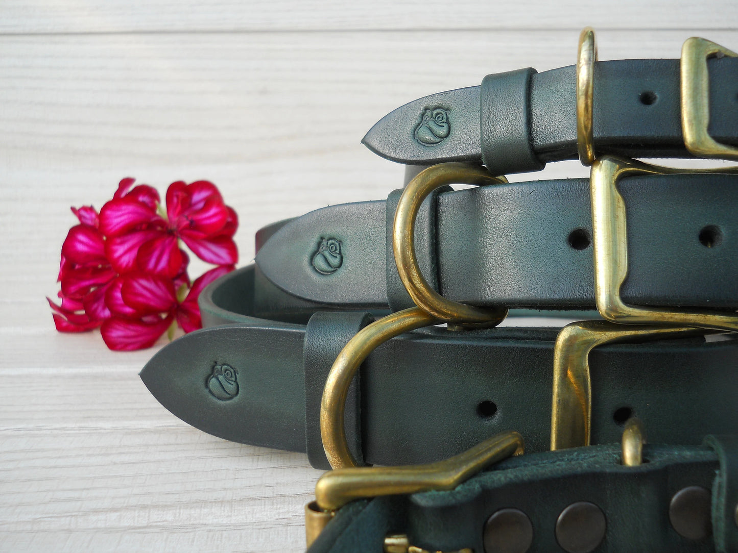 Vintage Leather Dog Collar, Handmade Dark Green