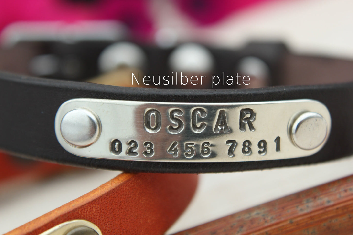 Leather Dog Collar with Brass or Chrome Buckle, ID Tag