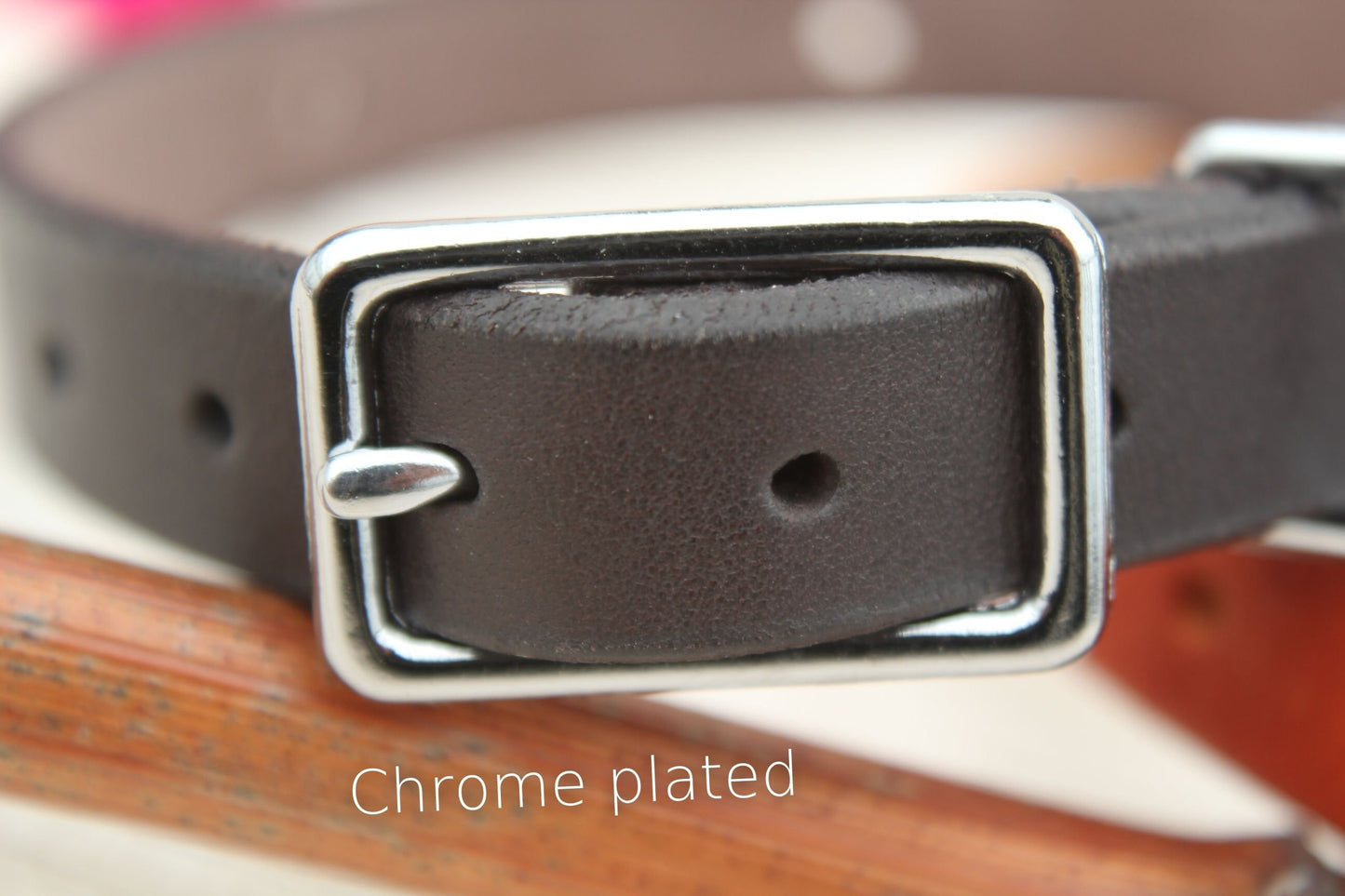 Leather Dog Collar with Brass or Chrome Buckle, ID Tag